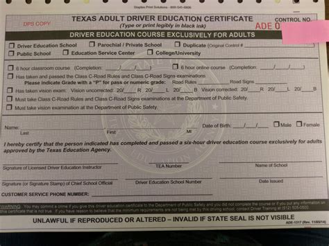 Texas Driver Education Certificate Of Completion - prntbl