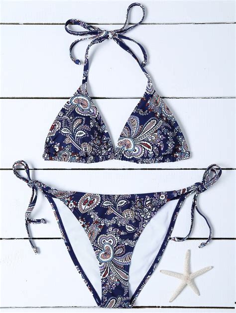 Off Tie Side Paisley Padded Bikini Set In Purplish Blue Dresslily