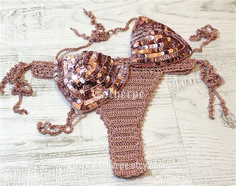 Rose Gold Sequin Crochet Brazilian Bikini Women Swimwear Two Pieces Bathing Suit Swimsuit Summer