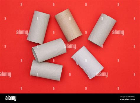 Round cardboard tubes on a red background. Toilet paper. Rubbish waste for processing Stock ...