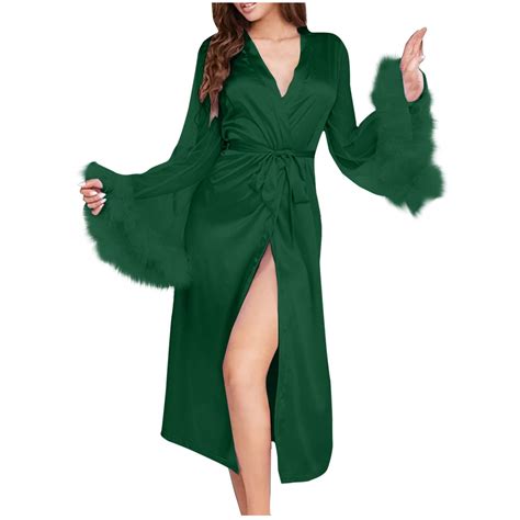 TMOYZQ Women's Mesh Furry Flared Long Sleeve Silky Satin Kimono Robe