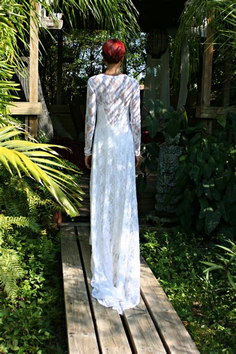 White Lace Bridal Nightgown With Train Wedding Lingerie Bridal Etsy