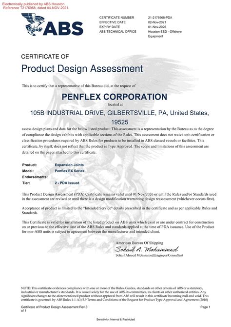 Penflex Abs Pda Certificate Exhaust Expansion Joints Penflex