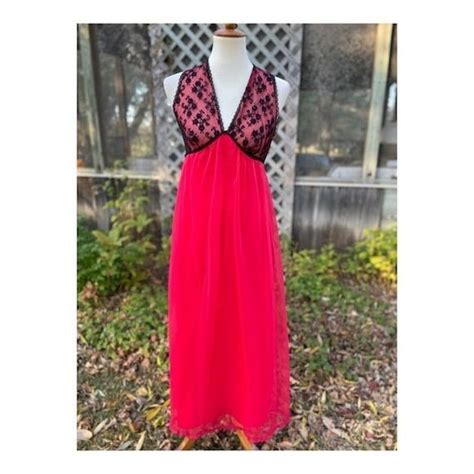 Vintage FRENCH MAID Nightgown Maxi Lingerie Red Black Gem