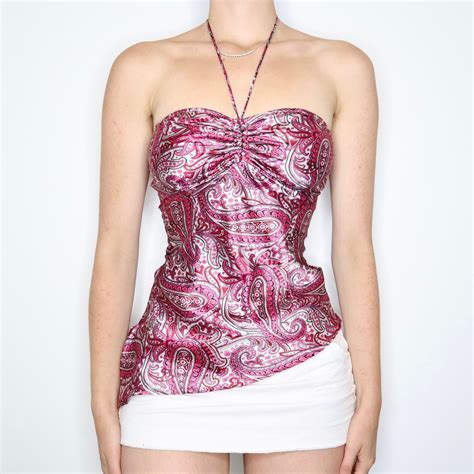 Vintage Early 2000s Pink Paisley Asymmetrical Halter Top - Imber Vintage