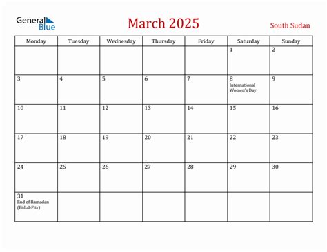 March 2025 - South Sudan Monthly Calendar with Holidays