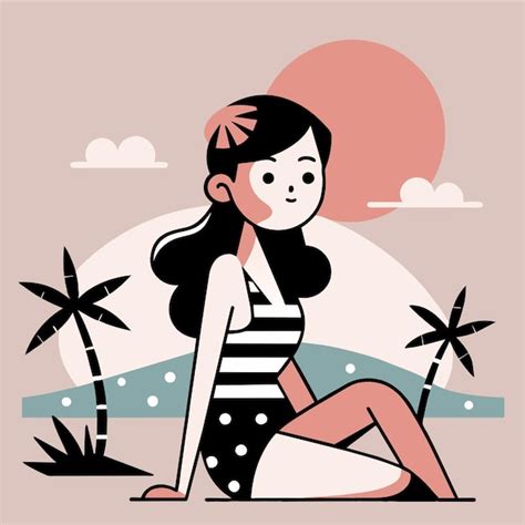Woman In Bikini Summer Girl On Vacation Beach Swimsuit Holiday Hand Drawn Flat Stylish Cartoon