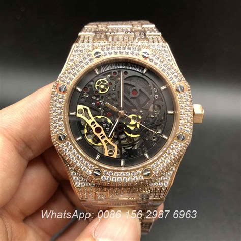 A155XJ84, AP iced rose gold skeleton automatic watch|Peterclock