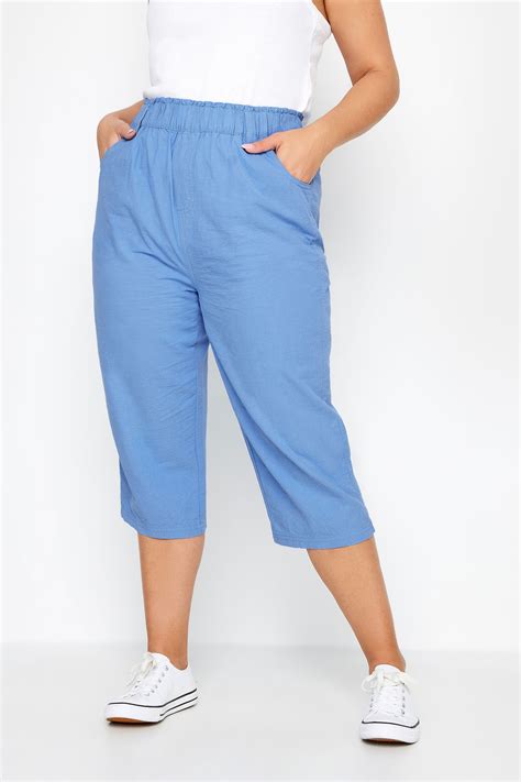 YOURS Plus Size Blue Elasticated Cool Cotton Cropped Trousers Yours