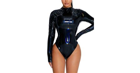 Naked Wardrobe Mock Neck Long Sleeve Vinyl Bodysuit In Black Lyst
