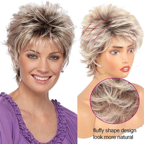 LEOSA Short Blonde Pixie Cut Wig With Bangs Synthetic Wavy Curly Hair Brown Ombre Blonde