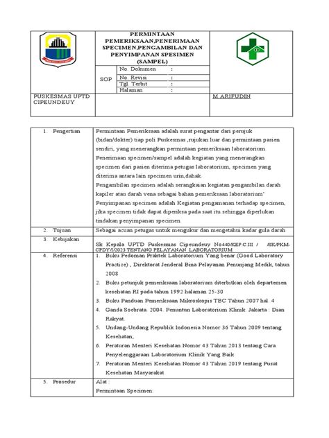Sop Permintaan Pemeriksaan Penerimaan Specimen Pengambilan Dan