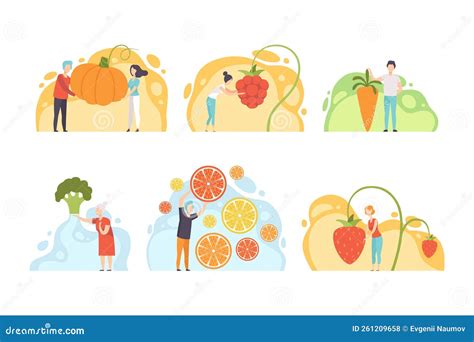 People Characters Harvesting Huge Vegetables And Fruits From Garden