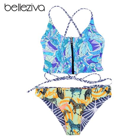 Belleziva New Sexy Bandage Zebra Print Swimsuit Zipper Women Bikini Set