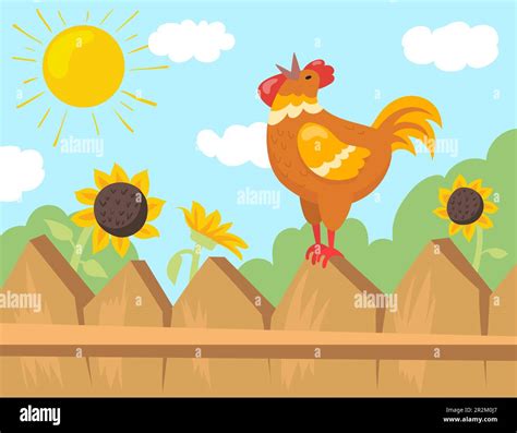 Rooster Welcoming Sun Cartoon Illustration Stock Vector Image And Art Alamy