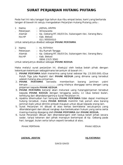 Contoh Surat Perjanjian Hutang Piutang Sederhana Homecare24