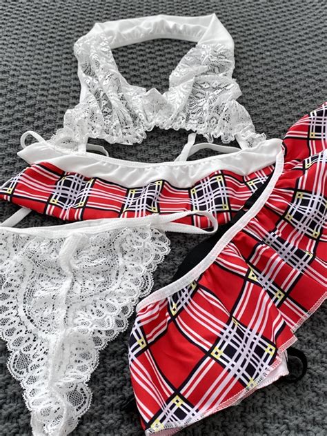 Plaid Print O Ring Lace Garter Lingerie Set