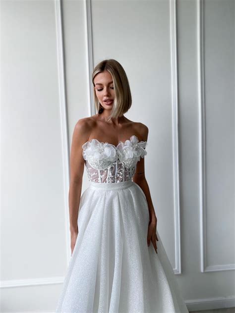 Two piece wedding dress detachable skirt and wedding corset floral