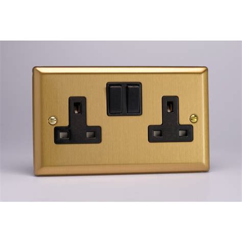 Varilight Classic 2 Gang 13a Double Pole Switched Socket Black Brushed Brass Black Inserts The