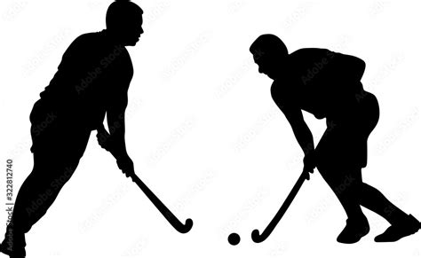 Silhouette of two field hockey players with a hockey stick and ball ...