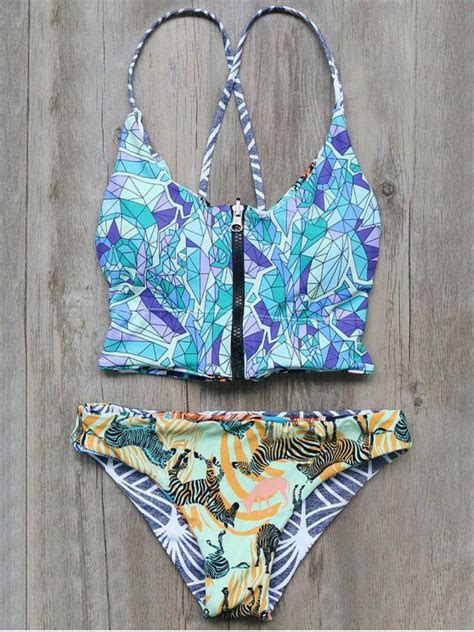 Off Full Zip Printed Bikini Set In Blue Zaful