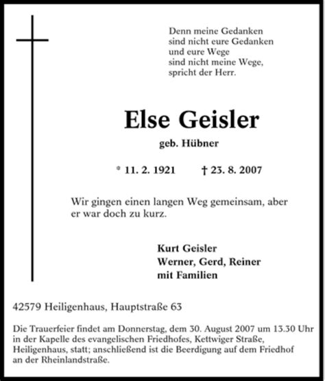 Trauer Und Todesanzeigen Von Else Geisler Trauer De