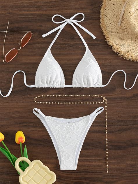 SHEIN Swim SXY Textured Bikini Set Triangle Bra Chain Belt Thong Bottom 2 Piece Bathing Suit