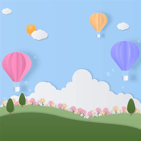 Pastel Hot Air Balloon With Cloud And Meadow Background 42368725 Vector Art At Vecteezy