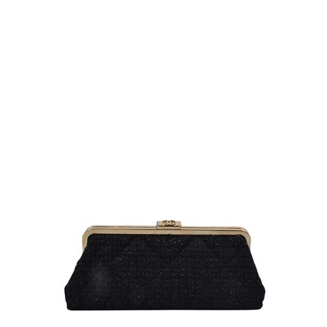 Chanel Clutch Tweed Schwarz Metallic Optik CC Hardware Gold