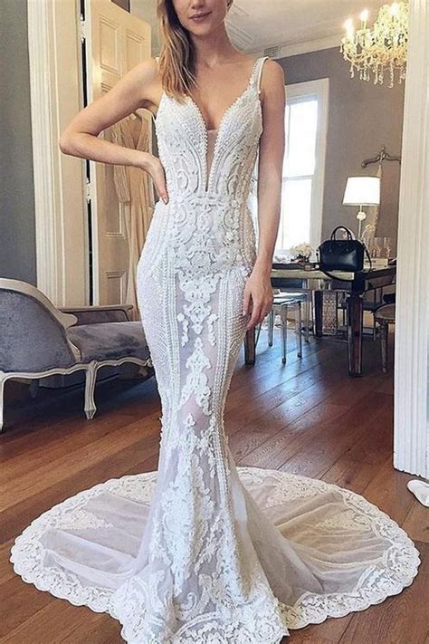 Princess Mermaid Lace Ivory V Neck Backless Beach Wedding Dresses