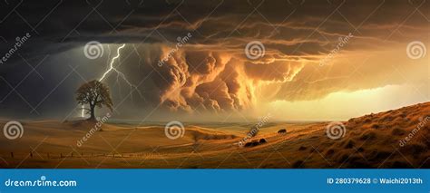 Dramatic And Powerful Tornado Lightning Thunderstorm Flash Over The