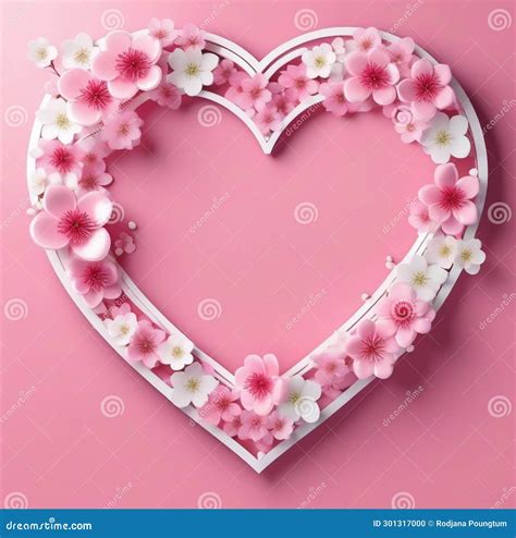 Top View Red Background With Happy Herat Cherry Blossom Arrangement On