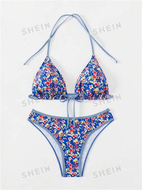 SHEIN Swim Conjunto de Maiô Bikini Floral Esmeralhadinho de Duas Peças