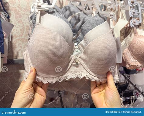 Woman Choosing Bra In Lingerie Store Closeup Lace Lingerie Textile Stock Photo Image Of