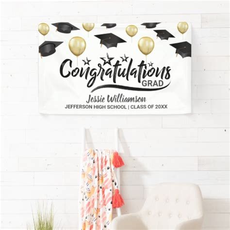 Graduation Congrats Grad Black Gold Balloon Custom Banner Zazzle