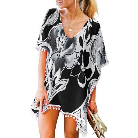 Snowsong Bathing Suit Swimsuit Coverup Trim Loose Tassels Kaftan Chiffon Bikini Women Cover Tops