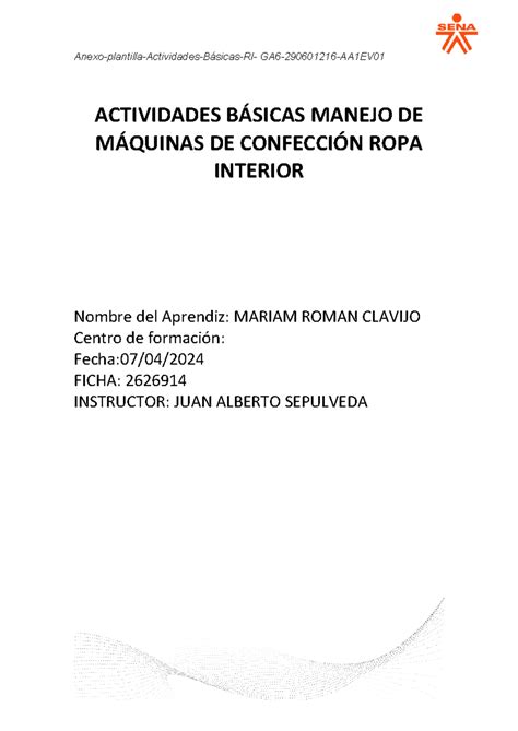 Actividades Básicas Manejo DE Máquinas DE Confección ROPA Interior