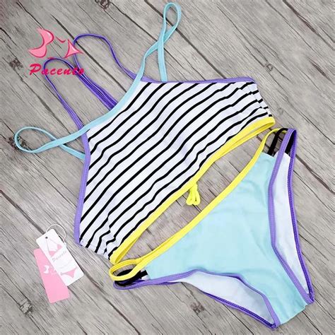 Pacento Striped High Neck Bikini Set Criss Cross Strappy Bathing Suits Women Crop Top Swimwear