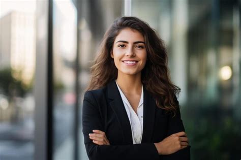 Premium Ai Image A Woman In A Suit Stands In Front Of A Window With Her Arms Crossed