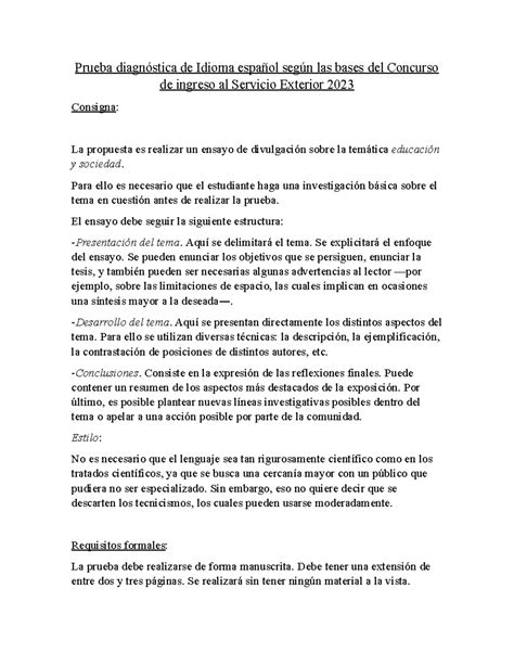 Prueba diagnóstica consigna - Prueba diagnóstica de Idioma español