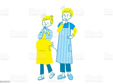 Pregnant Smiling Woman And Husband In Apron Stock Illustration