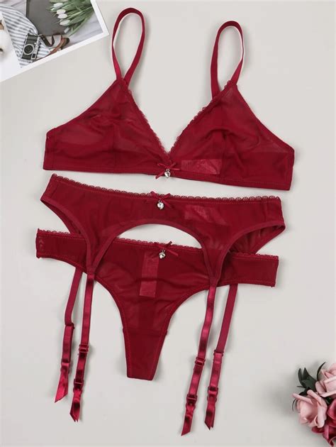 Mulheres Renda Sexy Conjunto De Lingerie Puro Meio Copo Suti Cinto Liga E Tanga Shein
