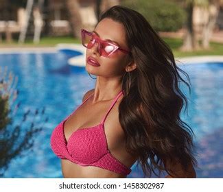 Stylish Sexy Girl Pink Bikini Sunglasses Stock Photo 1458302987