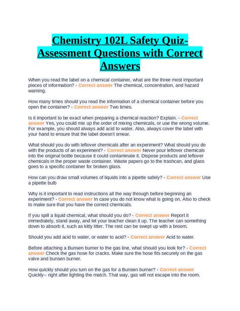 Chemistry Safety Quiz Answers