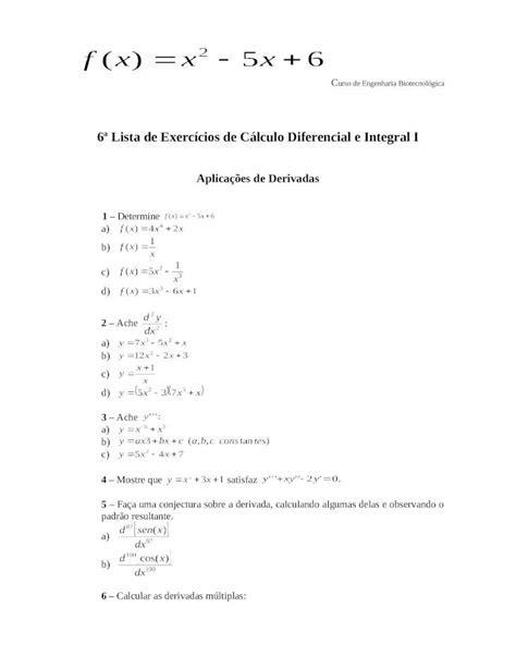 Doc 6ª Lista De Exercicios De Cálculo I Aplicações De Derivadas