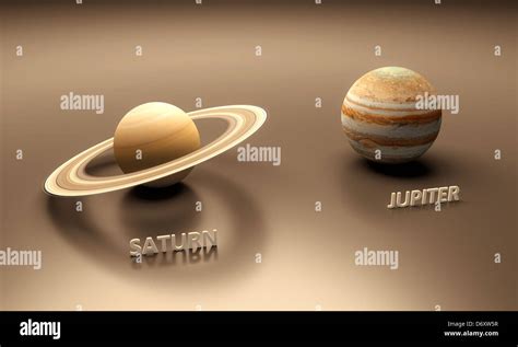 A rendered size-comparison sheet between the Planets Saturn and Jupiter with captions Stock ...