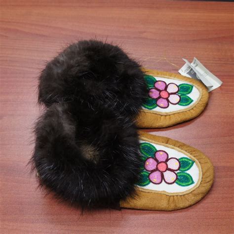 Moosehide Moccasins With Light And Dark Pink Flower Beaded Design Arctic Canada Trading