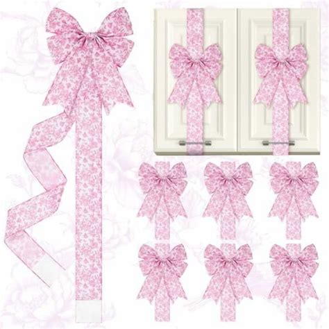 6 Pcs Pink And White Chinoiserie Christmas Cabinet Ribbons Bows