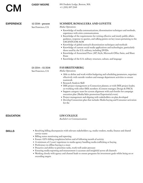 Media Operations Resume Samples | Velvet Jobs