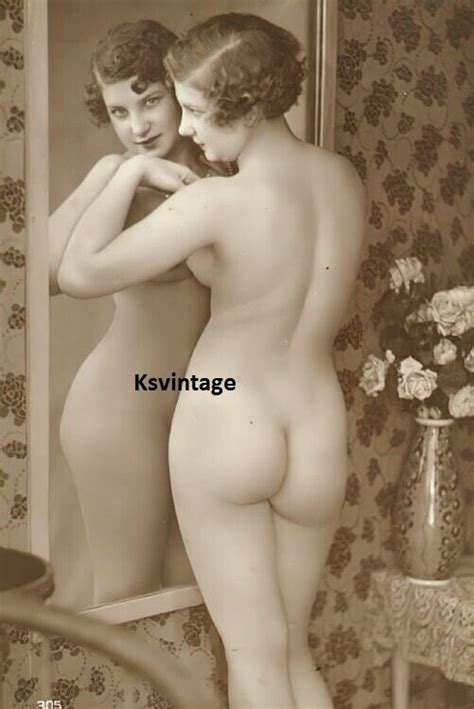 Vintage Nude Gorgeous Curly Haired Woman Posing In Mirror Art Photo By Etsy